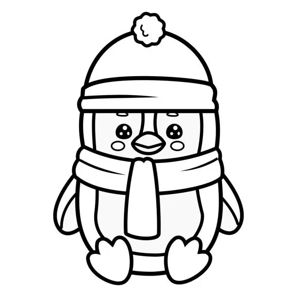 Vector illustration of Cute penguin cartoon character in black and white