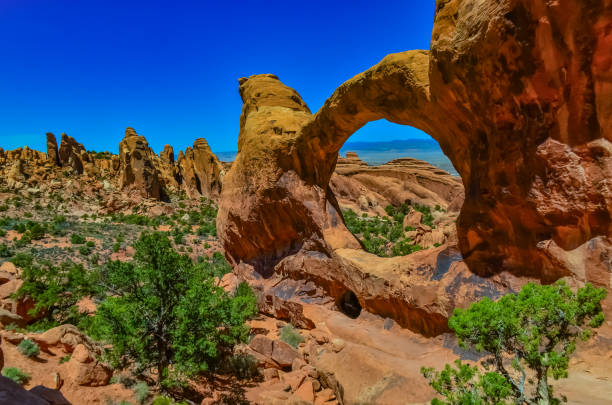 Oblique view of Double O Arch. Arches National Park, Utah, MOAB, USA