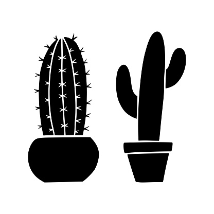 Boho Cactus Silhouette. Hand Drawn Cactus in Linocut Style. Western Design Icon Vector Illustration Isolated on White Background. Bohemian Clipart for Logo, Poster, T Shirt Print.