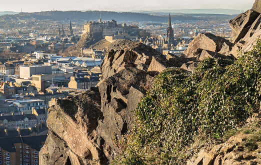 view on Edinburgh skyline with Edinburgh Castle and Scotts Monument from Calton Hill, Scotland