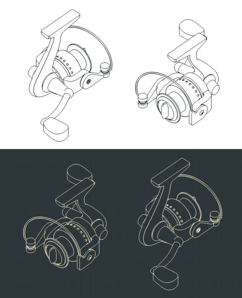 Fishing reel isometric blueprints Stylized vector illustrations of isometric blueprints of fishing reel fishing reel drawings stock illustrations