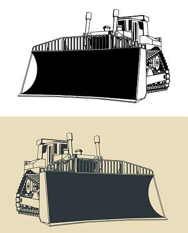 Stylized vector illustrations of heavy duty crawler dozer