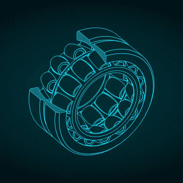 Vector illustration of Spherical roller bearing isometric cutaway blueprint