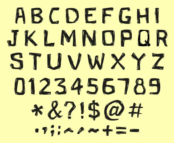 ilustrações, clipart, desenhos animados e ícones de alfabeto aproximadamente contornado que carrega o efeito de duas técnicas tradicionais de gravura, xilogravura ou impressão de linóleo - woodcut letterpress engraving pattern