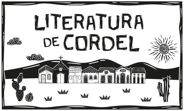 ilustrações de stock, clip art, desenhos animados e ícones de vector woodcut, cordel from the brazilian northeast. village of simple houses and little church, sunny sky with clouds in the interior of brazil. - woodcut letterpress engraving pattern