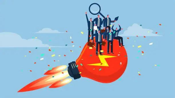 Vector illustration of Setting off with creativity, creative teams, creativity and inspiration help businessmen achieve success or reach their goals, and businessmen sit on the light bulb of the booster to launch and take off
