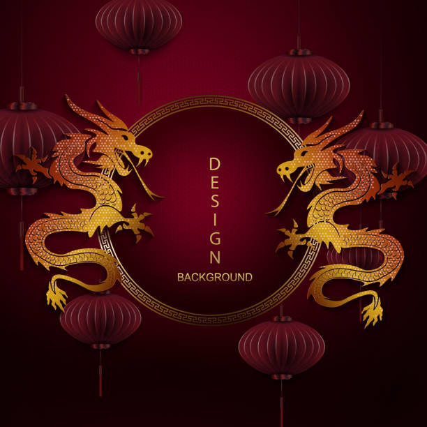 chinesisches neujahr, rotes dunkles texturdesign mit drachen, frohes neues jahr text - chinese dragon lindworm mosaic dragon stock-grafiken, -clipart, -cartoons und -symbole