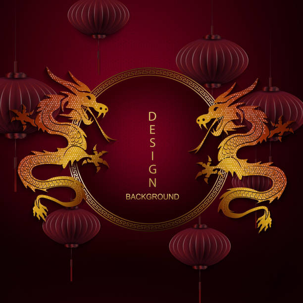 istock Chinese New Year, red dark texture design with dragons, happy new year text 1996440982