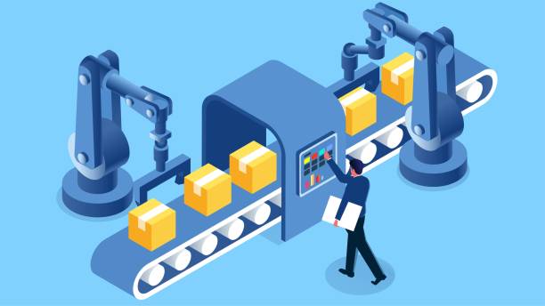 ilustraciones, imágenes clip art, dibujos animados e iconos de stock de montaje de brazos robóticos industriales para la entrega de paquetes, industrialización de la inteligencia artificial en fábricas, comerciantes isométricos utilizan brazos robóticos controlados por ordenador para cargar y descargar cajas de paqueterí - herramientas de fabricación