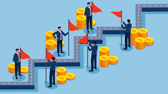 Journeys, milestones, milestones and achievements, career or business planning and progress, isometric traders standing with flags at different path locations