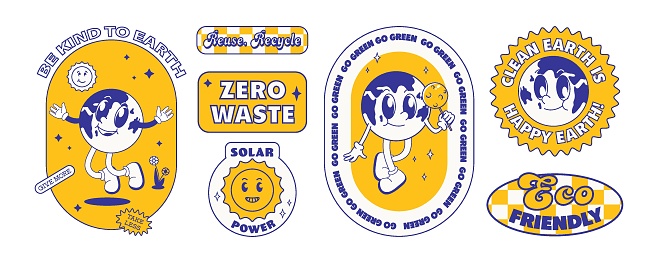 Save the planet stickers in trendy retro cartoon style. World Environment Day. Cute Earth character and mascot.