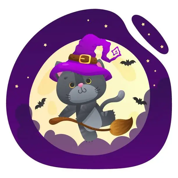 Vector illustration of Cute gray cat with witch hat on his head sitting on the broomstick with big moon, stars and bats on background. Vector illustration for postcard, banner, design, arts, web, calendar, advertising