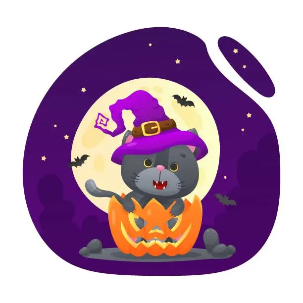 Vector illustration of Cute gray cat with witch hat on his head sitting in the cut pumpkin with big moon, stars and bats on background. Vector illustration for postcard, banner, design, arts, web, calendar, advertising