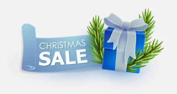 Vector illustration of Christmas Sale Banner with blue ribbon and gift box with bow and branches. Holiday vector illustration for postcard, business card, decor, design, arts, party, sale, advertising, special discounts