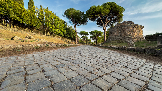 Appian Way Near Rome, Italy On A Beautiful Evening Under a Brilliant Cloudscape