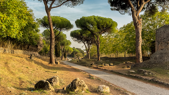 Appian Way Near Rome, Italy On A Beautiful Evening Under a Brilliant Cloudscape