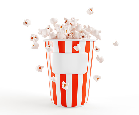 3d render icon of full popcorn bucket with blank label. Realistic mockup of striped paper box with flying pop corn isolated on background. Movie food, salty or sweet cinema snack menu. 3D illustration
