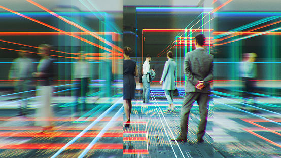 Businesspeople in futuristic virtual reality environment. 3D generated image.