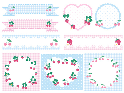 Vector illustration set of cute frames with strawberries and cherries. Strawberry, cherry, girly.