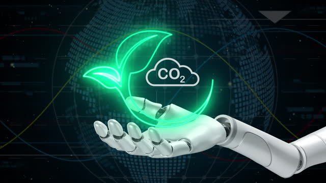 The Robot is holding visual CO2 on its hand, safe the environment concept.