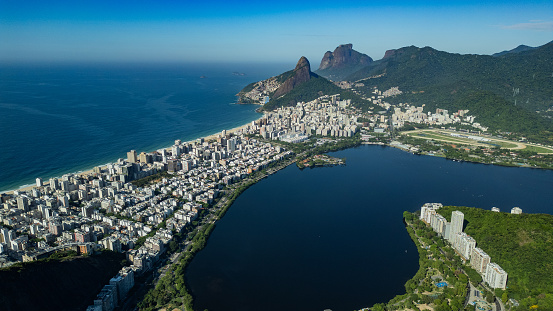 Landscape with drone point of view of Lagoa Rodrigo de Freitas in Rio de Janeiro and the Ipanema neighborhood