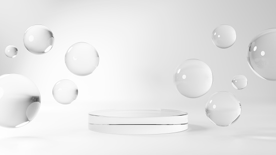 3D Illustration.Transparent spherical glass and circular base on white background. (horizontal)