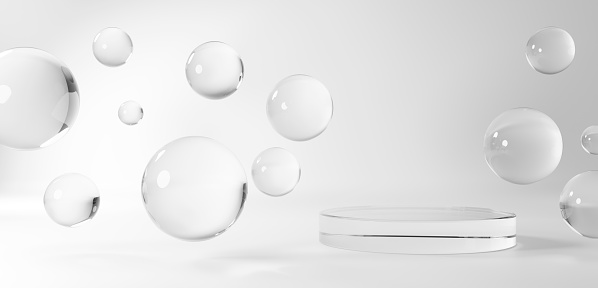 3D Illustration.Transparent spherical glass and circular base on white background. Copy space. (horizontal)