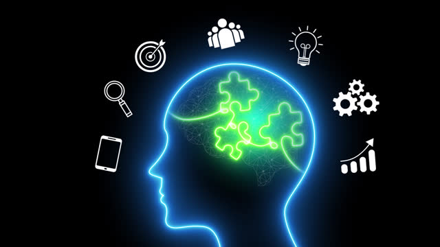 A human head, brain inside have connecting three puzzles that explain teamwork concept make achieve goal.