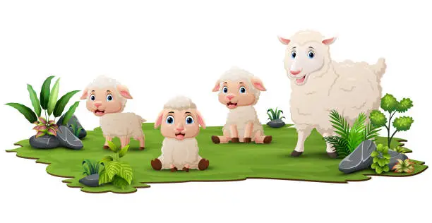 Vector illustration of Cute family sheep cartoon in the grass