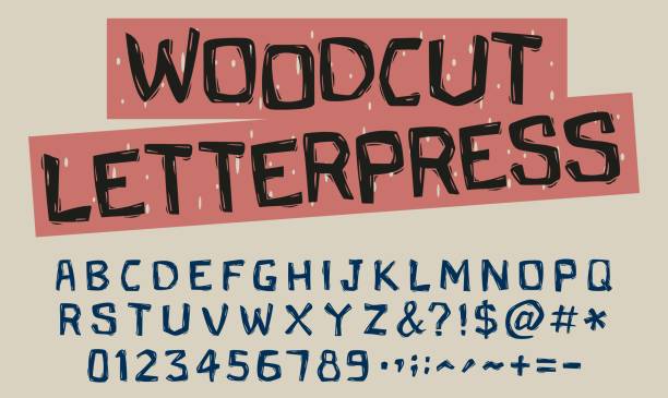 ilustrações, clipart, desenhos animados e ícones de alfabeto rústico o efeito de duas técnicas tradicionais de gravura, xilogravura e impressão em linóleo. - woodcut letterpress engraving pattern