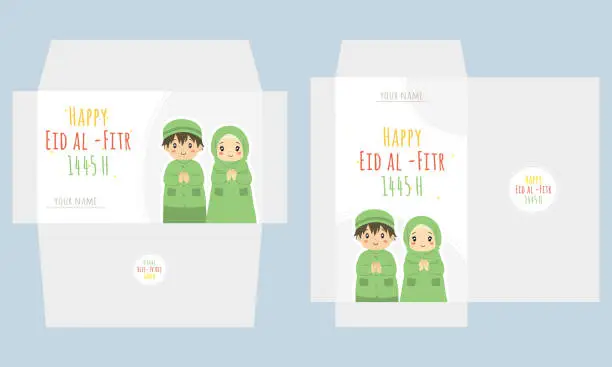 Vector illustration of Eid Al Fitr Mubarak Money Pocket Envelope Kids Greeting Vector