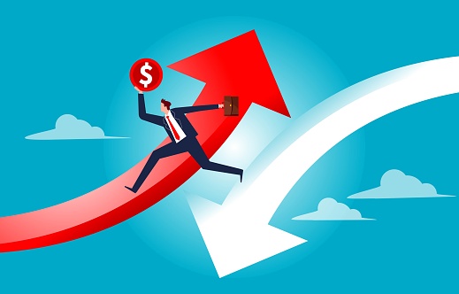 Improvement or progress, recovery or rebound from a recession, jumping from falling to rising, a merchant with a gold coin jumping from a falling arrow to a rising arrow