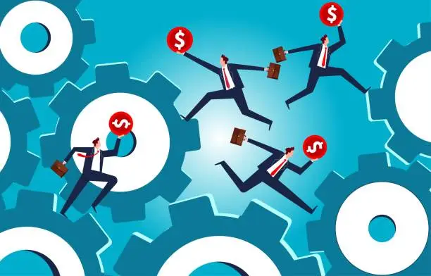Vector illustration of The motivation and pursuit of making money, business investment and benefits, the circulation of money and economic development, businessmen take gold coins and run hard on the gears of operation