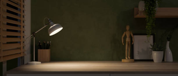 Image representing white desk mockup in office space with grey lamp.
