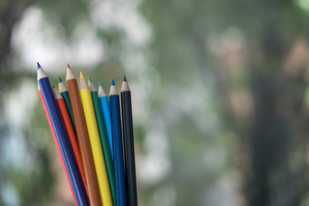 Color pencils over green nature blur background with copyspace.