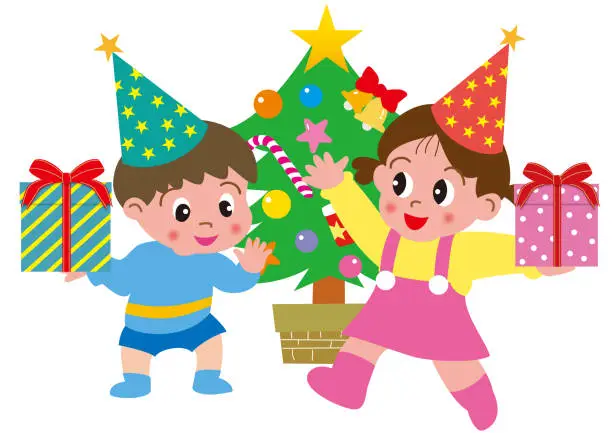 Vector illustration of Children happy with Christmas presents