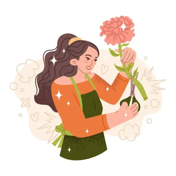 Vector illustration of A store employee trims a flower for a bouquet with scissors. Flower delivery store. Flowers as a gift for Mother's Day or March 8th. Vector illustration isolated on transparent background.