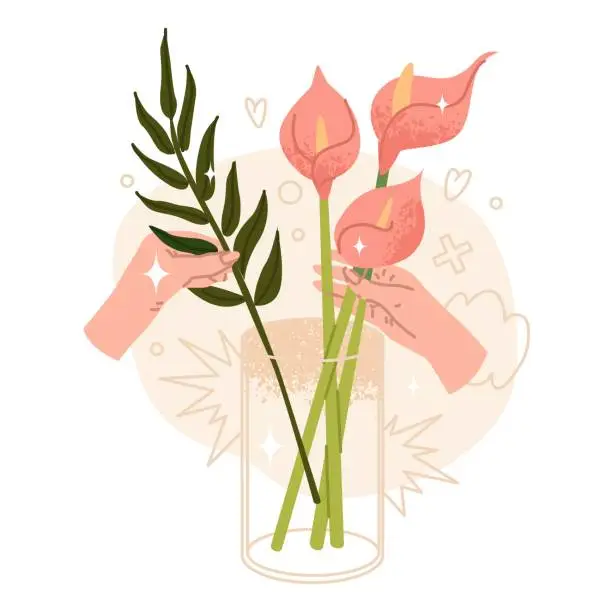 Vector illustration of Hands selects fresh flowers for a bouquet. Flower delivery store. Flowers as a gift for the holiday. Vector illustration isolated on transparent background.