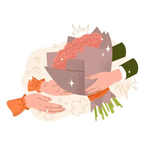 Vector illustration of Male hands pass a large bouquet into female hands. Delivery of a bouquet for a client. Flowers as a gift for the holiday. Vector illustration isolated on transparent background.