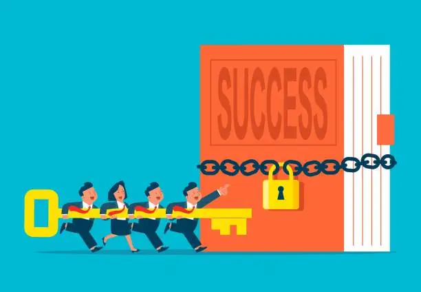 Vector illustration of Keys to Unlock Success, Keys to Success, Education and Inspiration, Achieving Business or Professional Goals and Accomplishments, Businessmen Together Take the Keys to Unlock the Padlocks of Locked Books