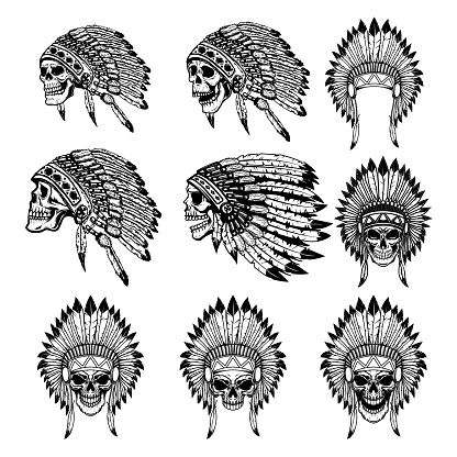 Set of illustrations of native americans skulls in traditional headdress . Design element for poster, emblem, sign, badge. Vector illustration