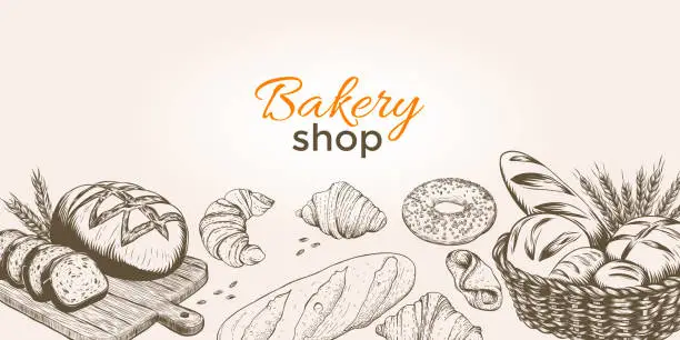 Vector illustration of Vintage bakery banners with sketched bread and pastry vector set. for baking, bakery shop, cooking, sweet products, dessert, pastry. Vector illustration for poster, banner, cover, flyer, menu, advertising.