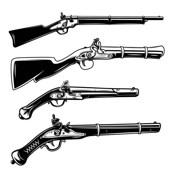 Vector illustration of Illustration of old mushket gun isolated on white background. Design element for emblem, sign, poster, badge. Vector illustration