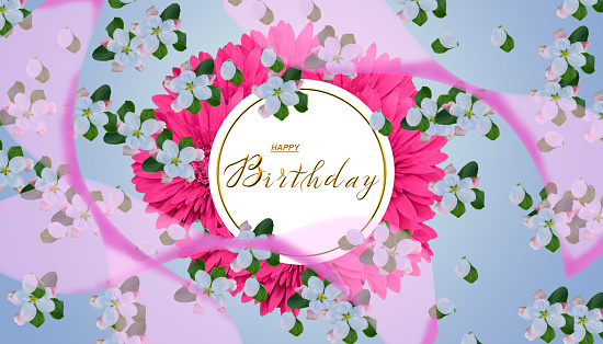 postcard , Internet banner , flat lay with a birthday greeting, with the inscription - happy birthday, 3d illustration