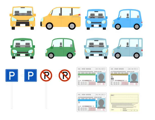 Vector illustration of Passenger car Japanese license parking lot sign set