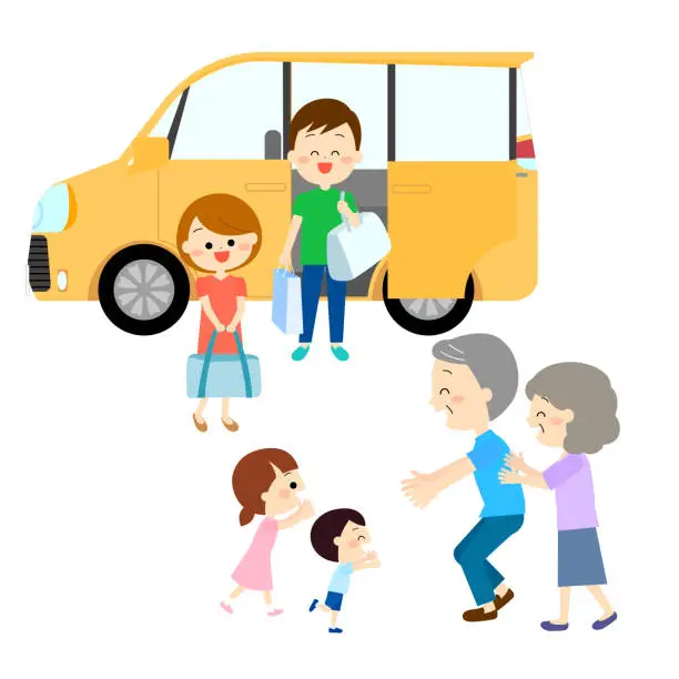 Vector illustration of An elderly couple welcomes their family back home by car