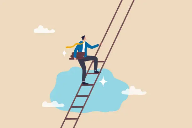 Vector illustration of Build ladder of success, develop stair to improve opportunity, career path or job achievement, growth step to progress overcome challenge concept, businessman build ladder of success to climb up.
