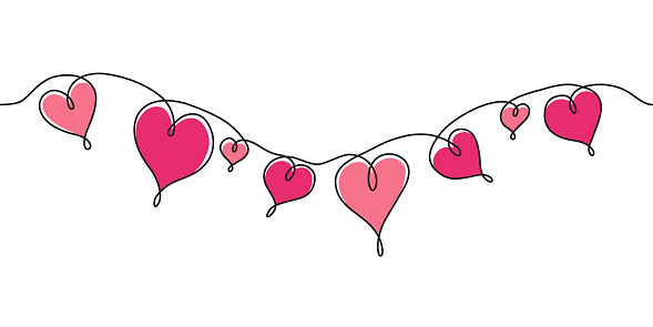 Valentine's Day continuous line drawing of string of hearts in pink and red. Editable stroke for easy editing.