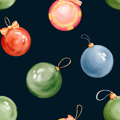 Seamless pattern of christmas balls hand made insolated watercolor illustration. winter season. decorative background for pine tree, greeting card, bauble decorations, books. New Year holiday circle