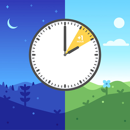 Landscape illustration for daylight saving day. A clock against the backdrop of day and night.